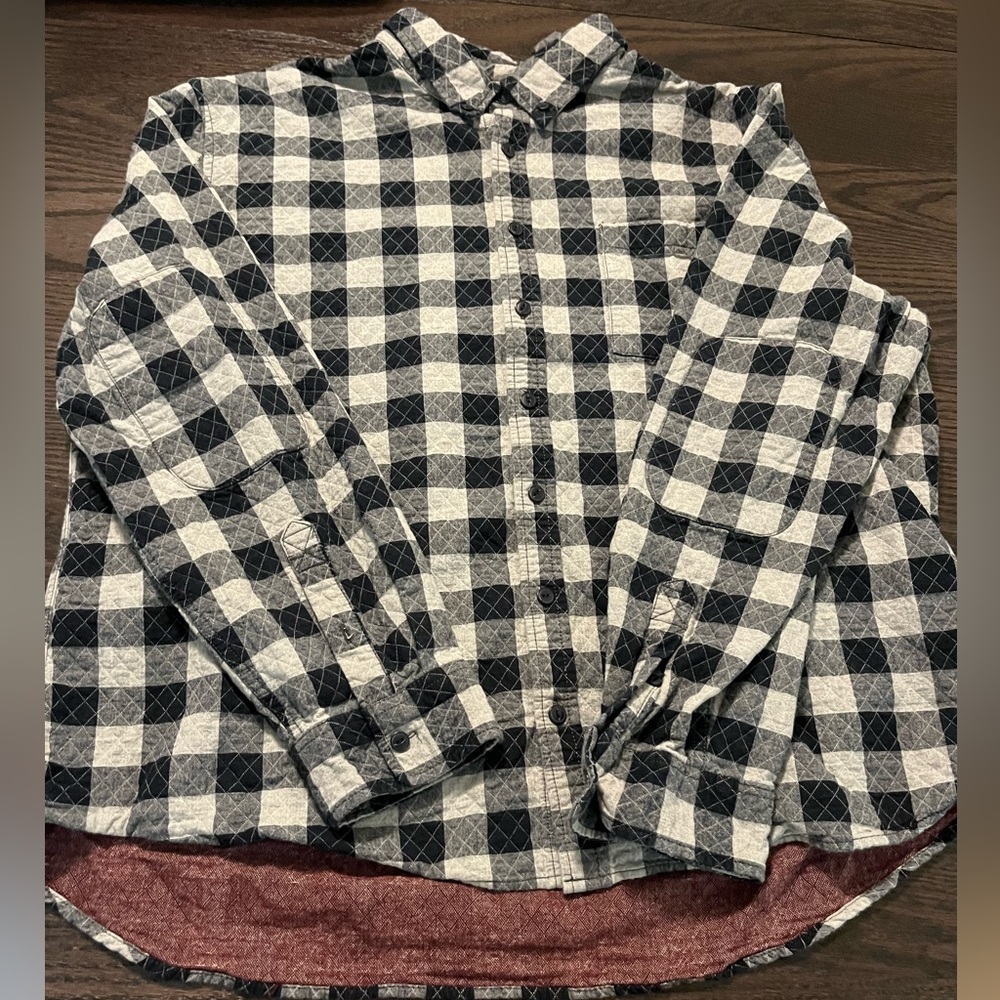 Blue, Gray, and Dark Gray Merona Flannel with Maroon interior.